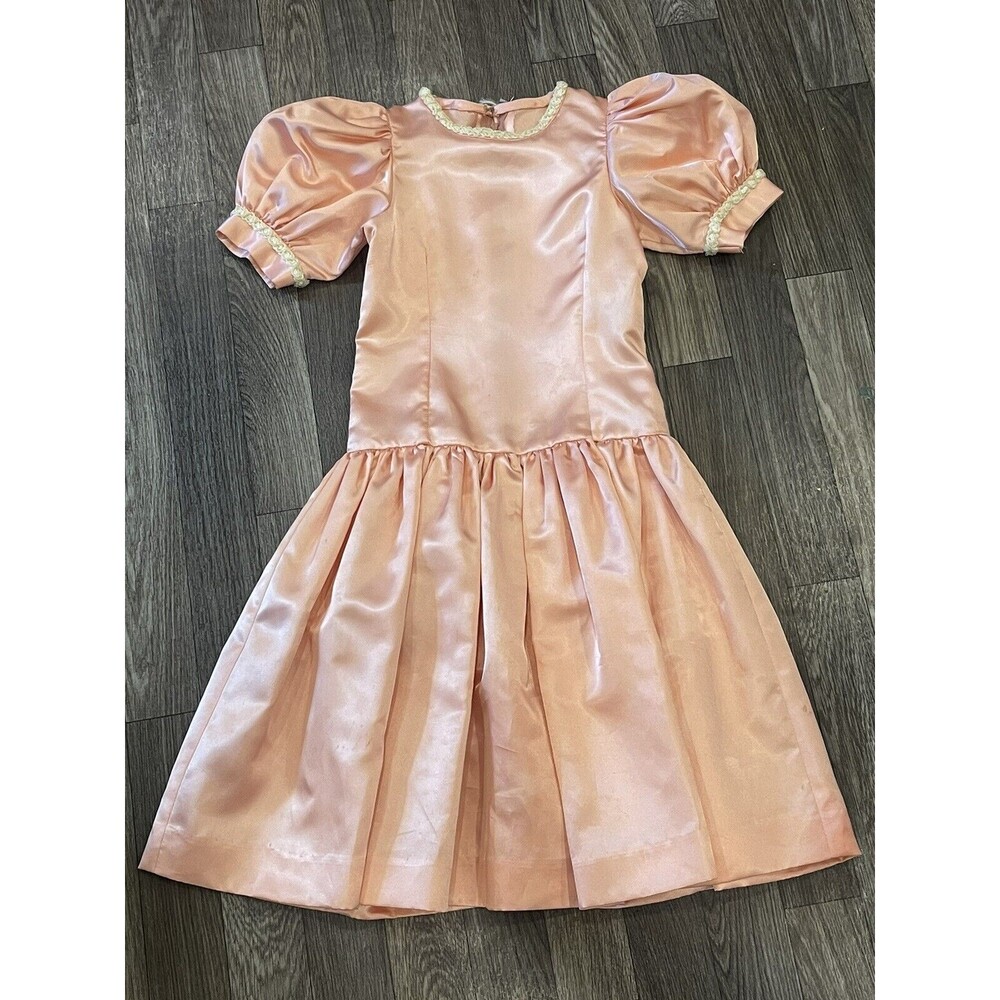 Handmade Vintage Girls Formal Party Wedding dress Peach Satin  White sequins